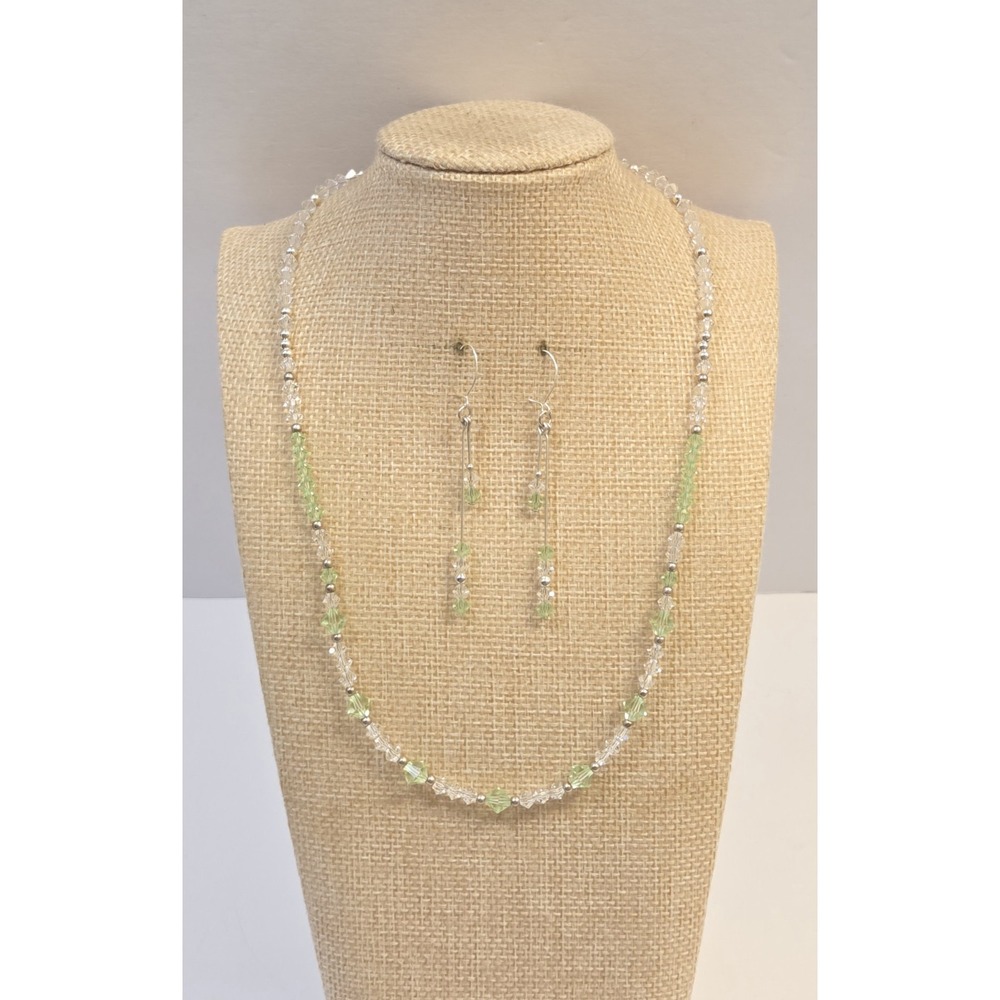 Sterling Silver & Green / Clear‎ Crystal Necklace &  Dangle Earrings Set 925
